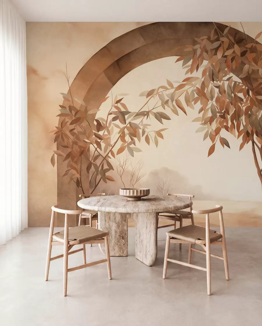murais de parede Um arco com uma paisagem, árvores e folhagem em tons suaves de outono, obra de arte com textura w09907