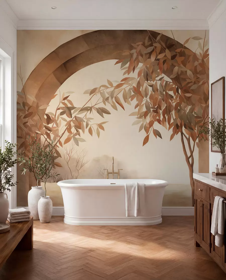 murais de parede Um arco com uma paisagem, árvores e folhagem em tons suaves de outono, obra de arte com textura w09907