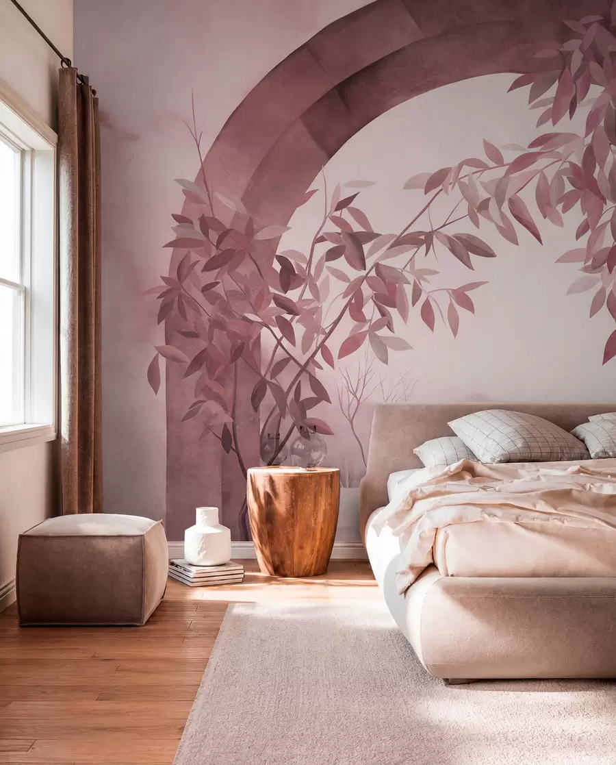 murais de parede Um arco com uma paisagem, árvores e folhagem em tons suaves de rosa e cinza, obra de arte com textura w09907v1