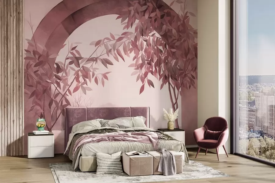 murais de parede Um arco com uma paisagem, árvores e folhagem em tons suaves de rosa e cinza, obra de arte com textura w09907v1