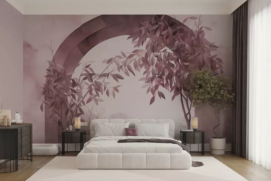 murais de parede Um arco com uma paisagem, árvores e folhagem em tons suaves de rosa e cinza, obra de arte com textura w09907v1