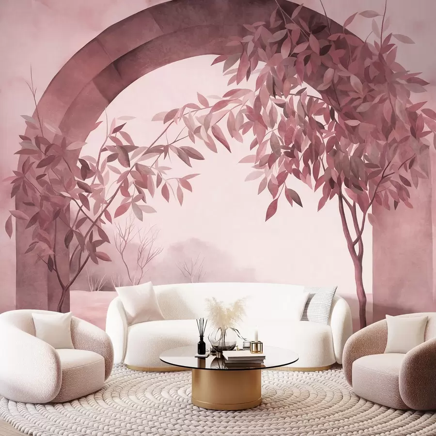 murais de parede Um arco com uma paisagem, árvores e folhagem em tons suaves de rosa e cinza, obra de arte com textura w09907v1