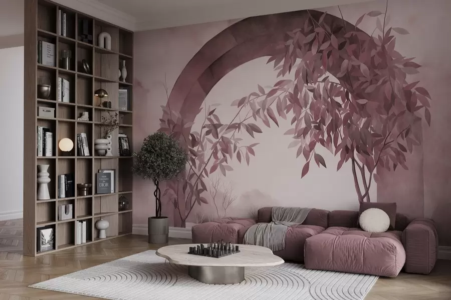 murais de parede Um arco com uma paisagem, árvores e folhagem em tons suaves de rosa e cinza, obra de arte com textura w09907v1