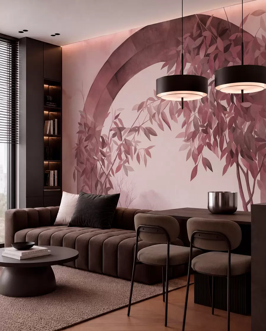 murais de parede Um arco com uma paisagem, árvores e folhagem em tons suaves de rosa e cinza, obra de arte com textura w09907v1