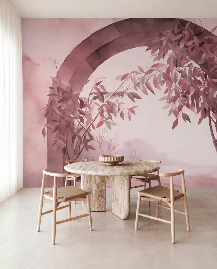 murais de parede Um arco com uma paisagem, árvores e folhagem em tons suaves de rosa e cinza, obra de arte com textura w09907v1