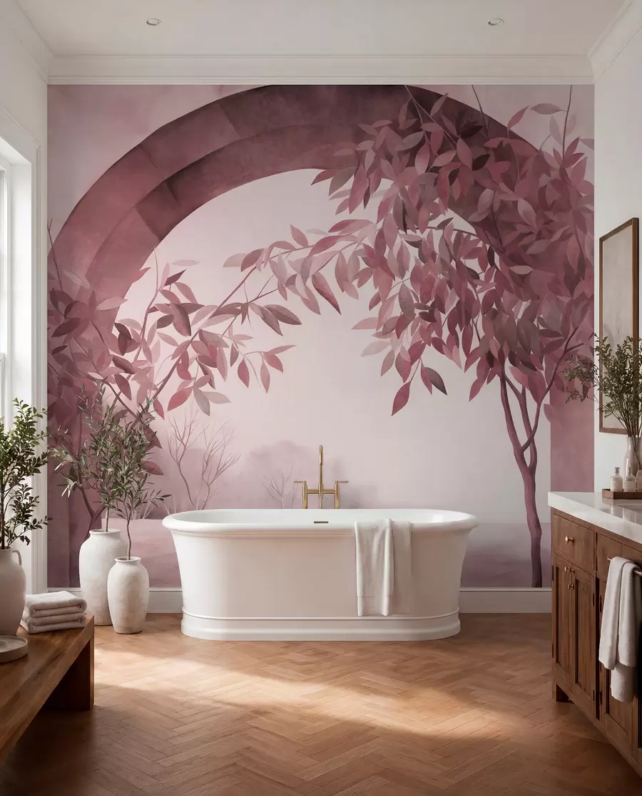 murais de parede Um arco com uma paisagem, árvores e folhagem em tons suaves de rosa e cinza, obra de arte com textura w09907v1