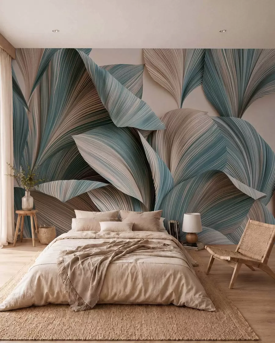 murais de parede Folhas tropicais volumosas em tons suaves de bege e azul w09914