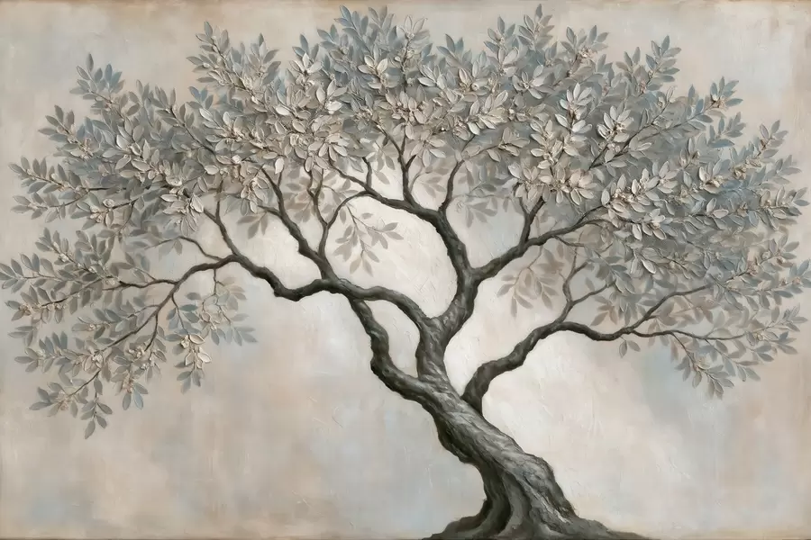 murais de parede Árvore em estilo de pintura a óleo, em tons suaves e naturais de cinza e bege w09919