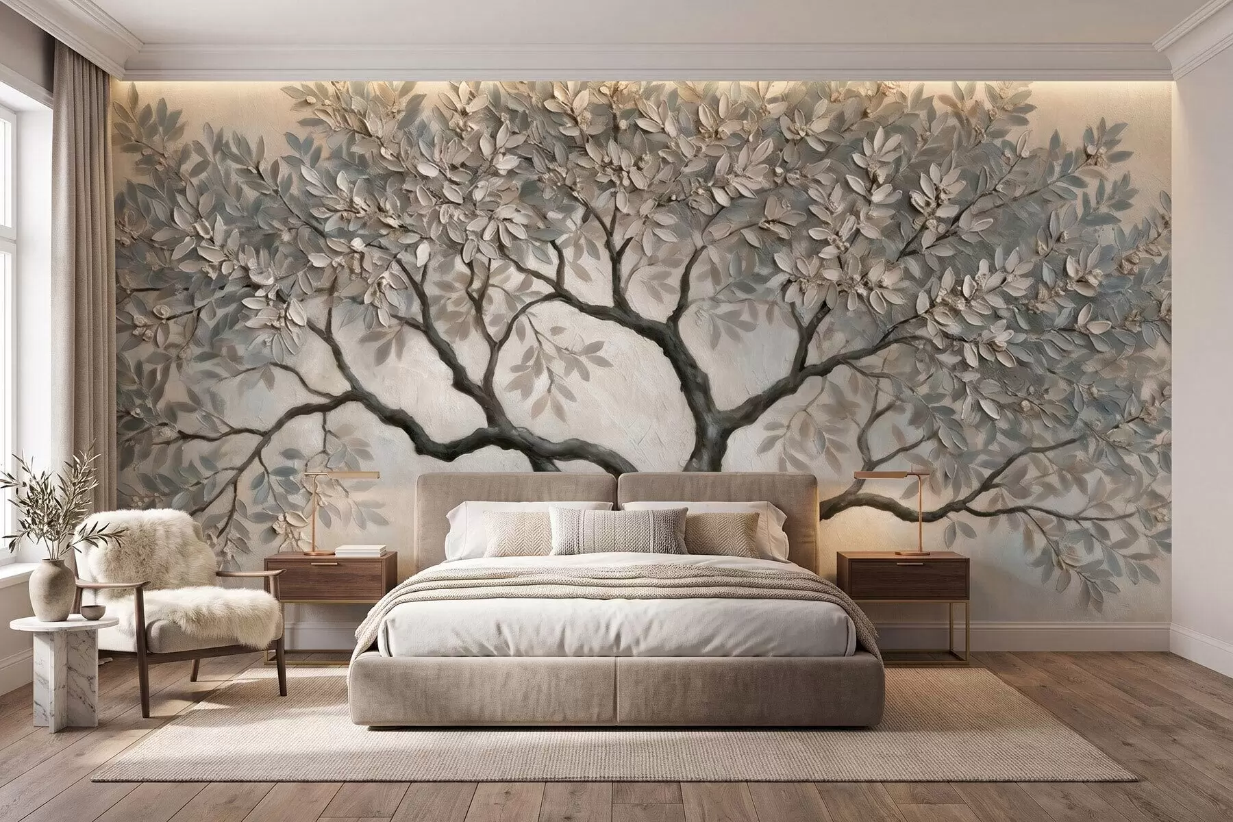 murais de parede Árvore em estilo de pintura a óleo, em tons suaves e naturais de cinza e bege w09919
