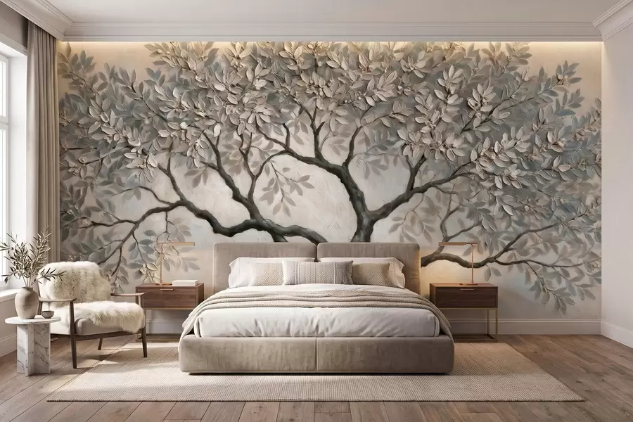 murais de parede Árvore em estilo de pintura a óleo, em tons suaves e naturais de cinza e bege w09919