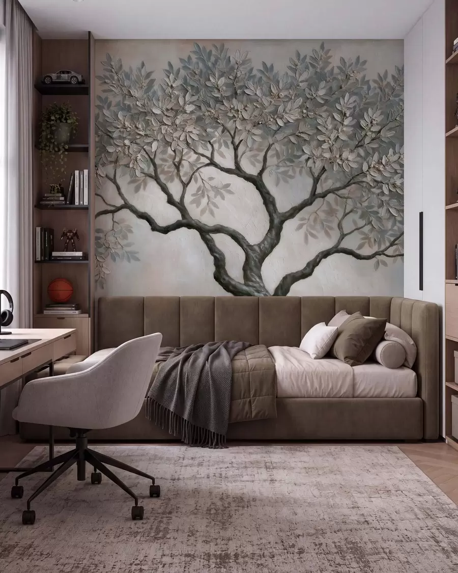 murais de parede Árvore em estilo de pintura a óleo, em tons suaves e naturais de cinza e bege w09919