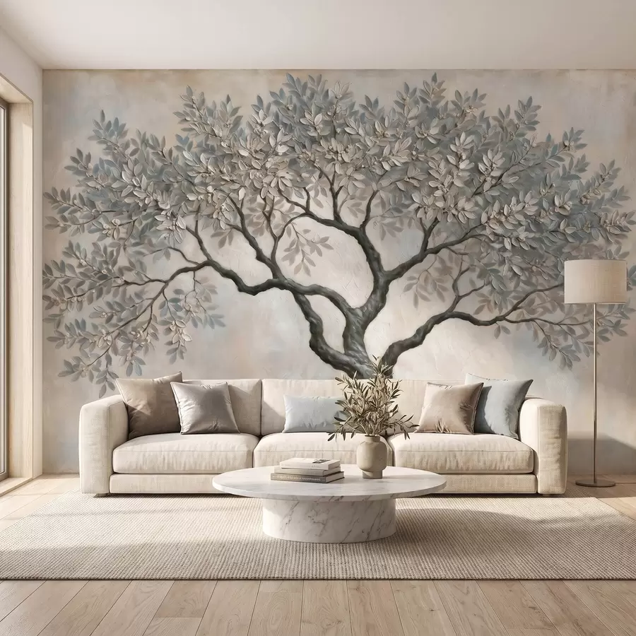 murais de parede Árvore em estilo de pintura a óleo, em tons suaves e naturais de cinza e bege w09919