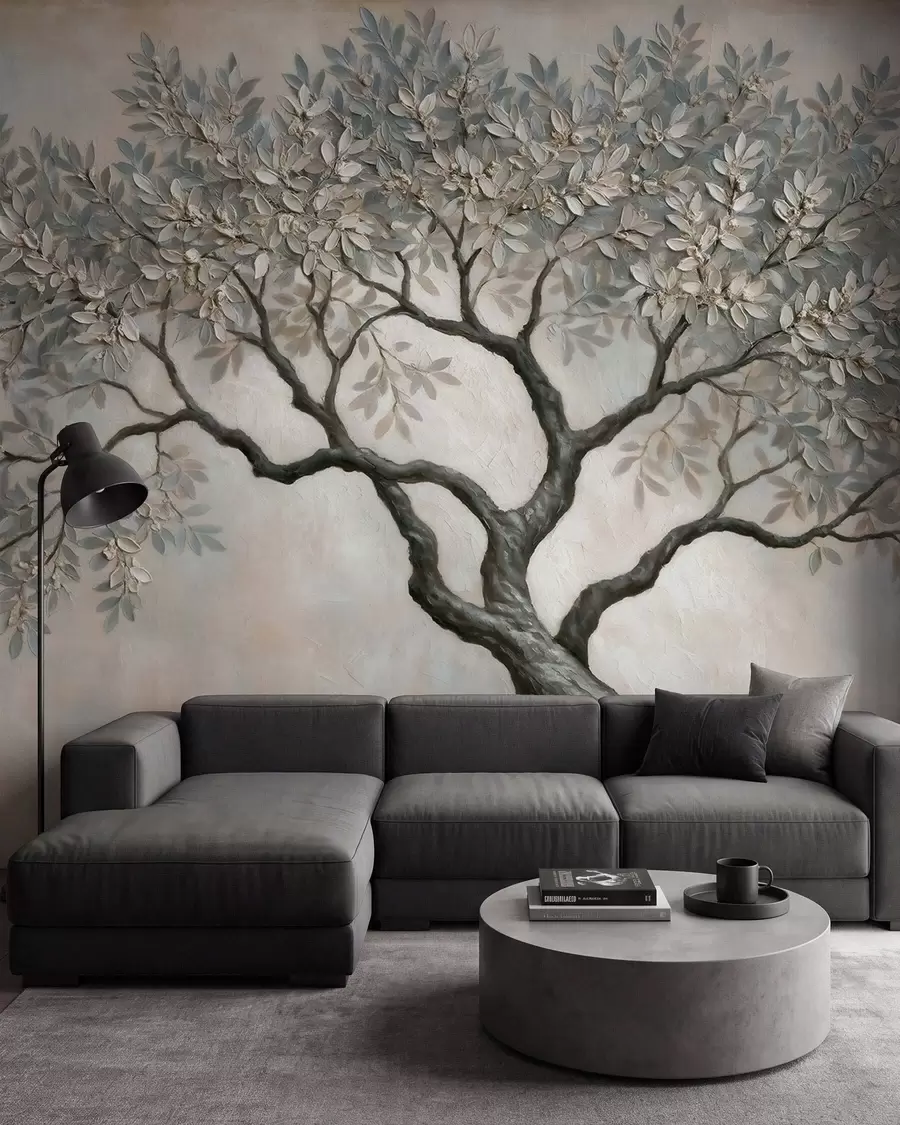 murais de parede Árvore em estilo de pintura a óleo, em tons suaves e naturais de cinza e bege w09919
