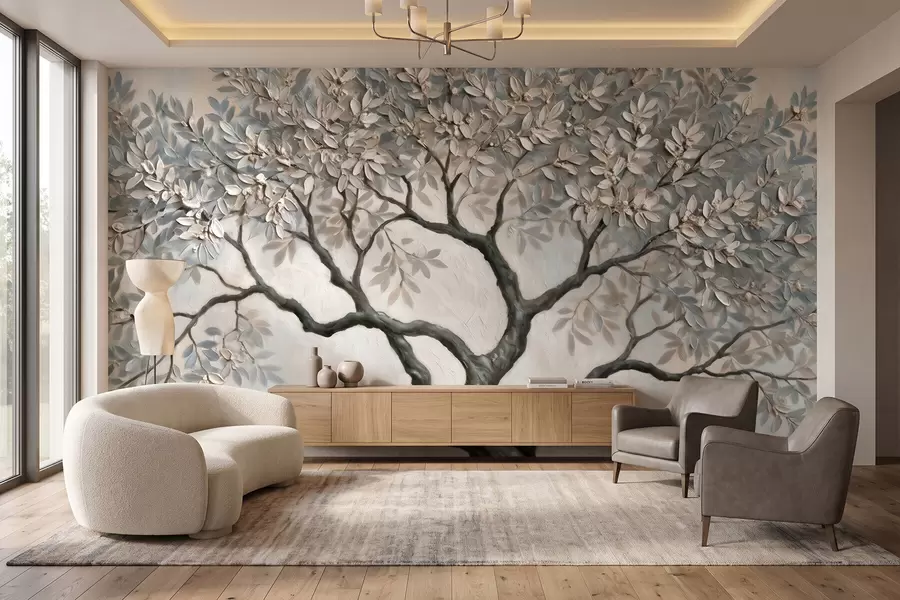 murais de parede Árvore em estilo de pintura a óleo, em tons suaves e naturais de cinza e bege w09919