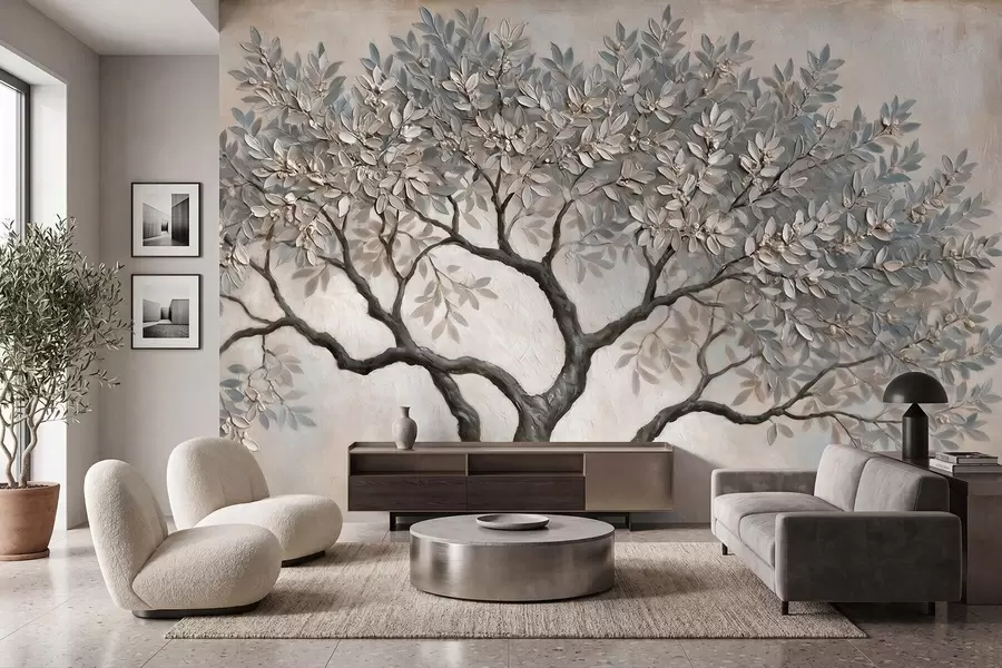 murais de parede Árvore em estilo de pintura a óleo, em tons suaves e naturais de cinza e bege w09919