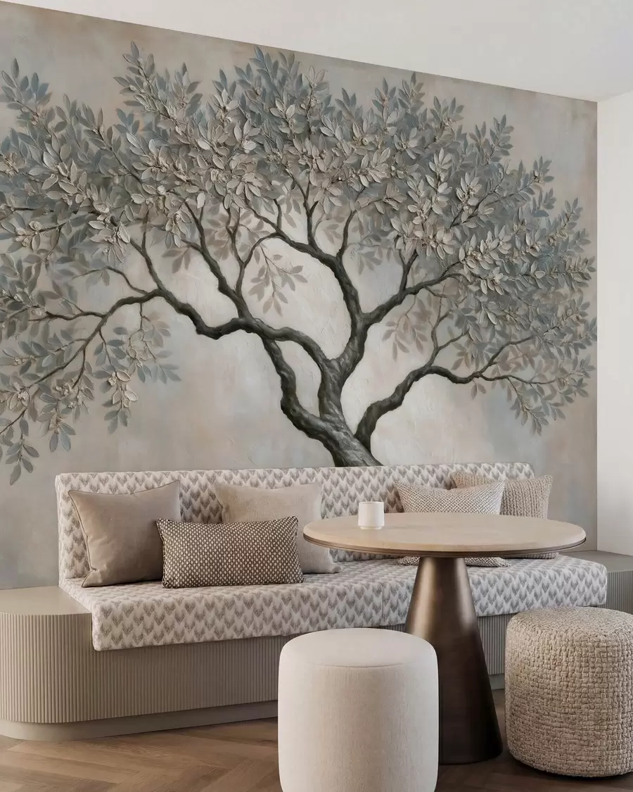 murais de parede Árvore em estilo de pintura a óleo, em tons suaves e naturais de cinza e bege w09919