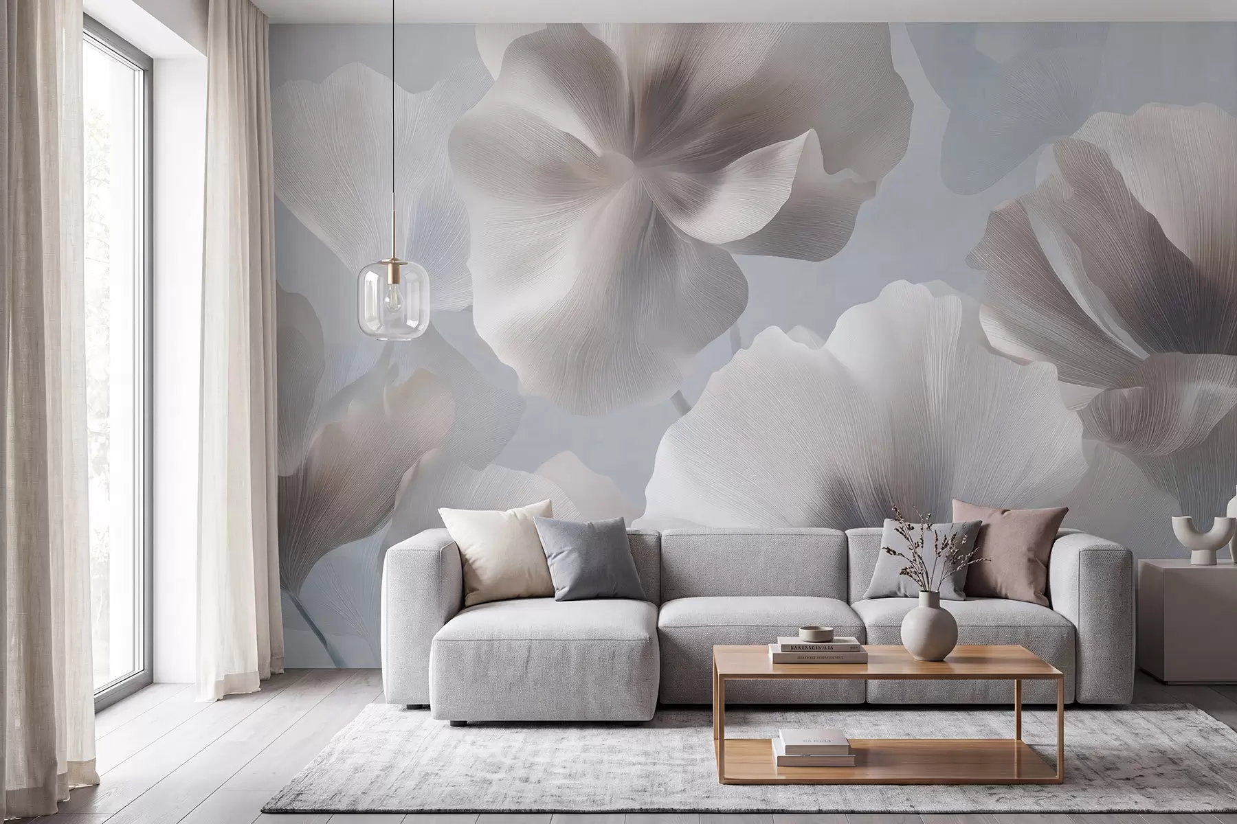 murais de parede Pétalas de flores de seda volumosas em tons suaves de pastel w09928