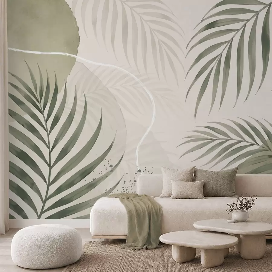 murais de parede Folhas estilizadas sobre um fundo neutro e suave w05728