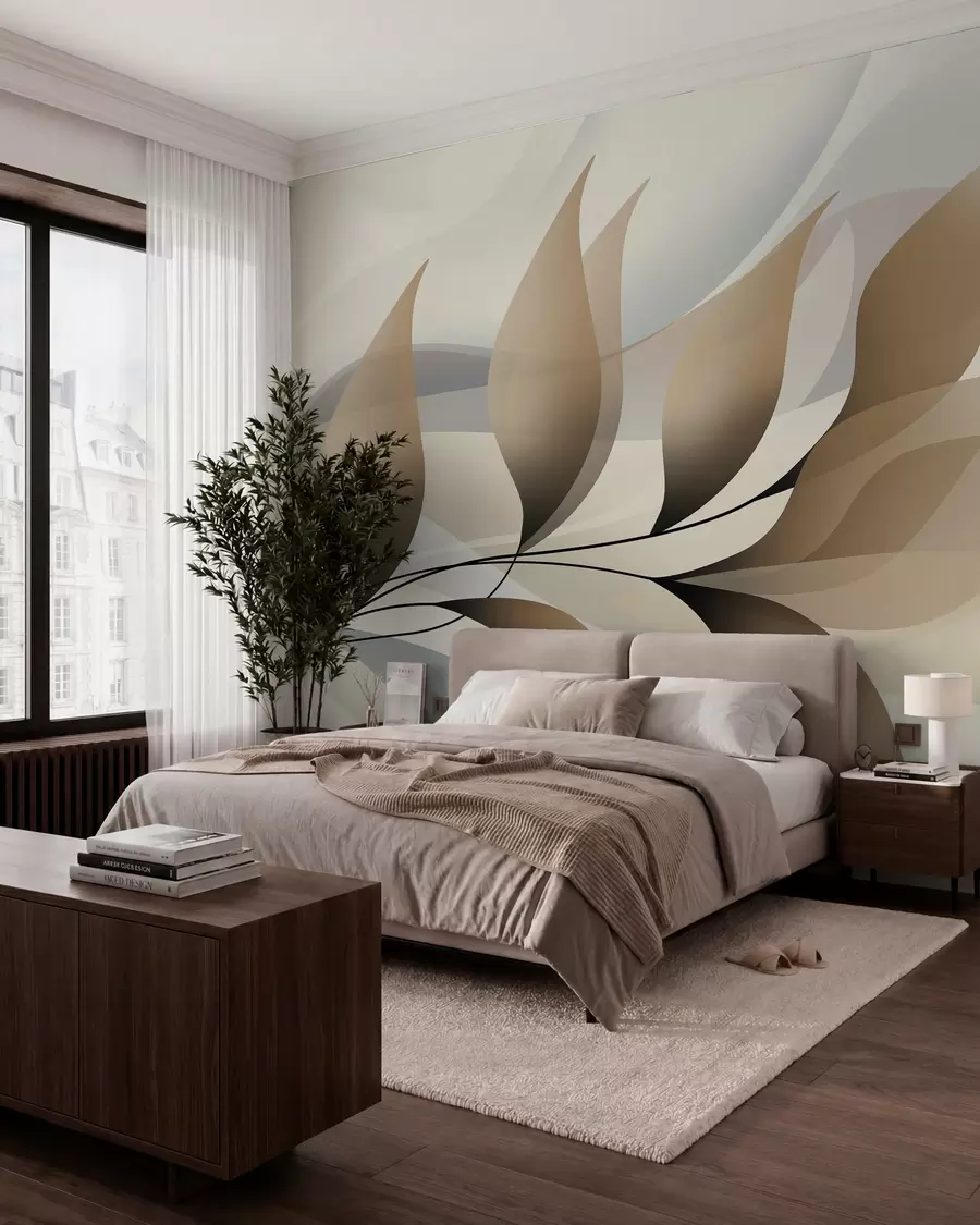 murais de parede um galho elegante com folhas bege  w05660