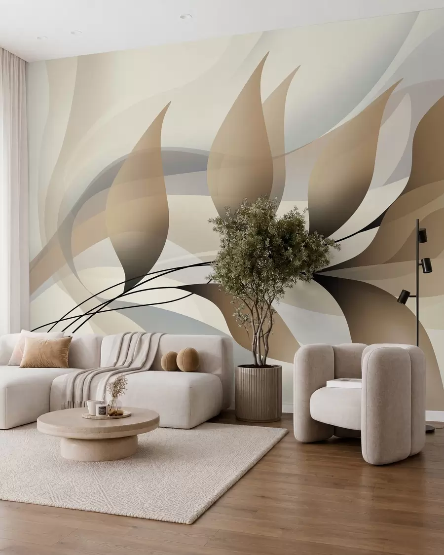 murais de parede um galho elegante com folhas bege  w05660