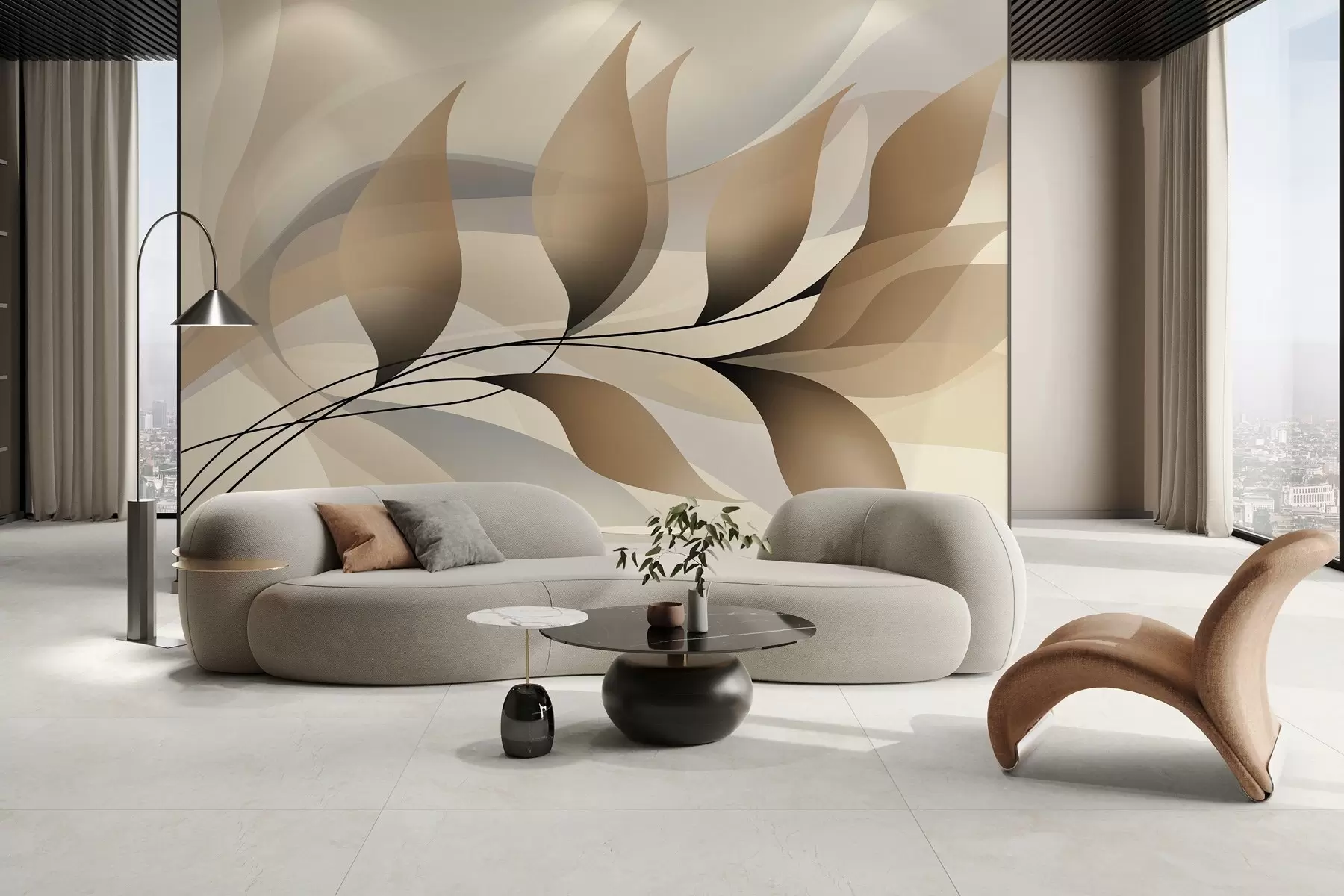murais de parede um galho elegante com folhas bege  w05660