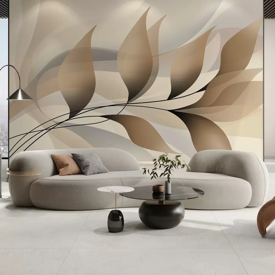 murais de parede um galho elegante com folhas bege  w05660