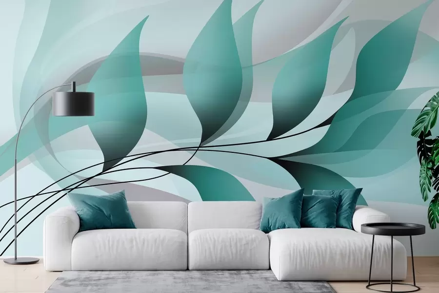 murais de parede um galho elegante com folhas turquesa  w05660v1