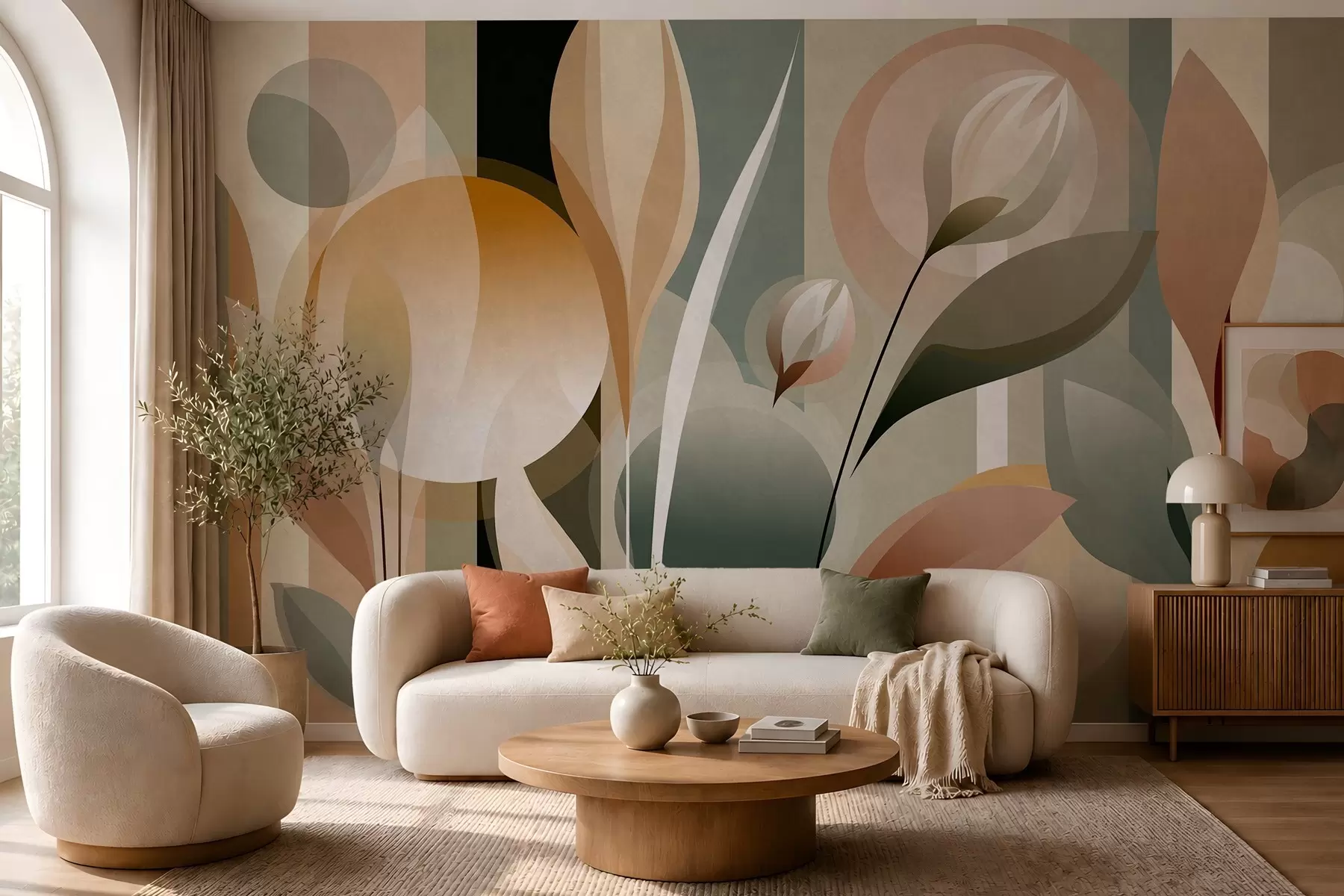 murais de parede uma abstração estilizada com plantas em cores naturais w05750