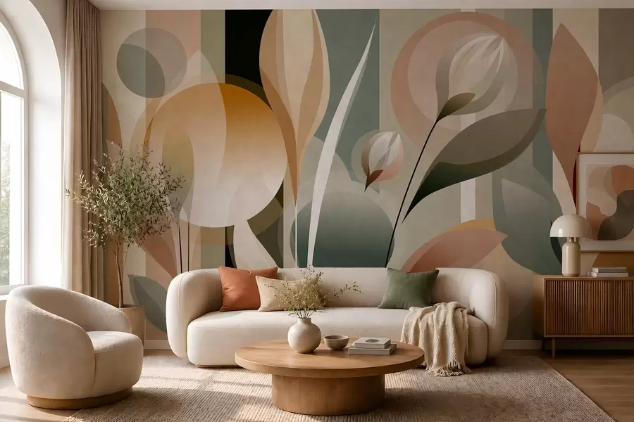 murais de parede uma abstração estilizada com plantas em cores naturais w05750