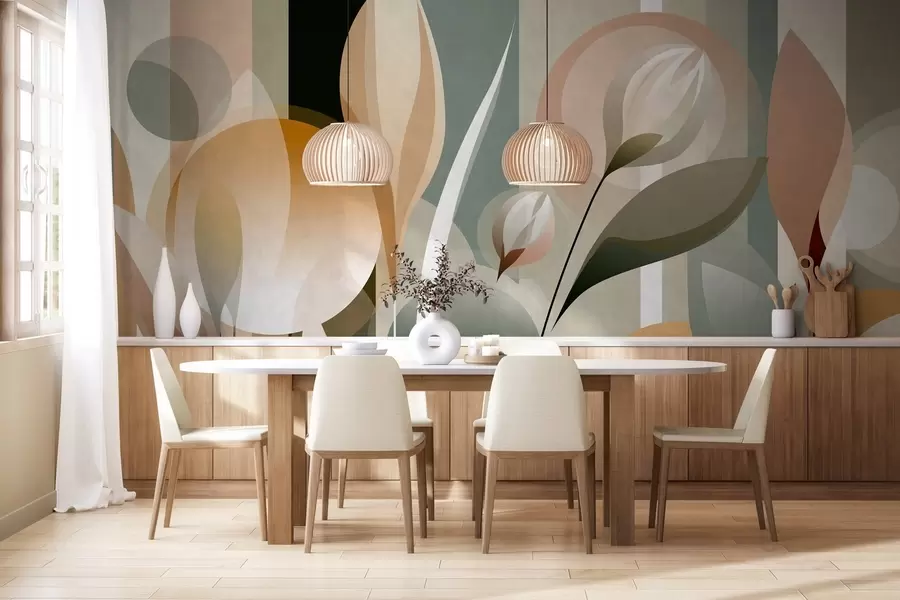 murais de parede uma abstração estilizada com plantas em cores naturais w05750