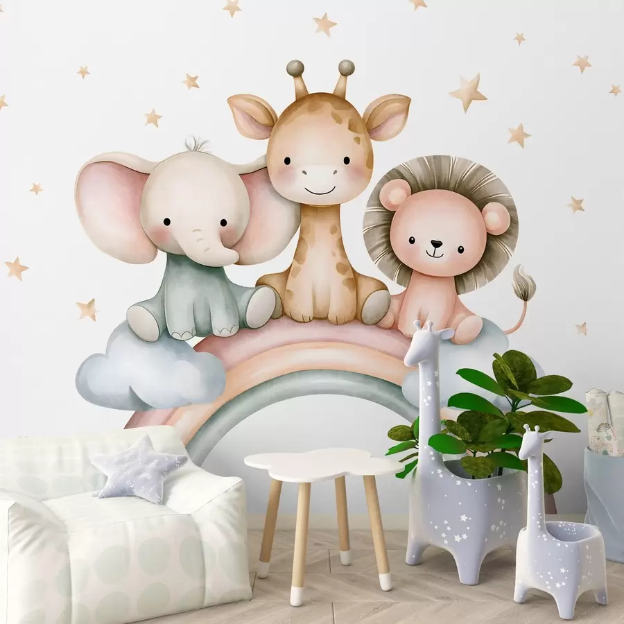 murais de parede um arco-íris com animais entre as estrelas, em estilo aquarela w05752