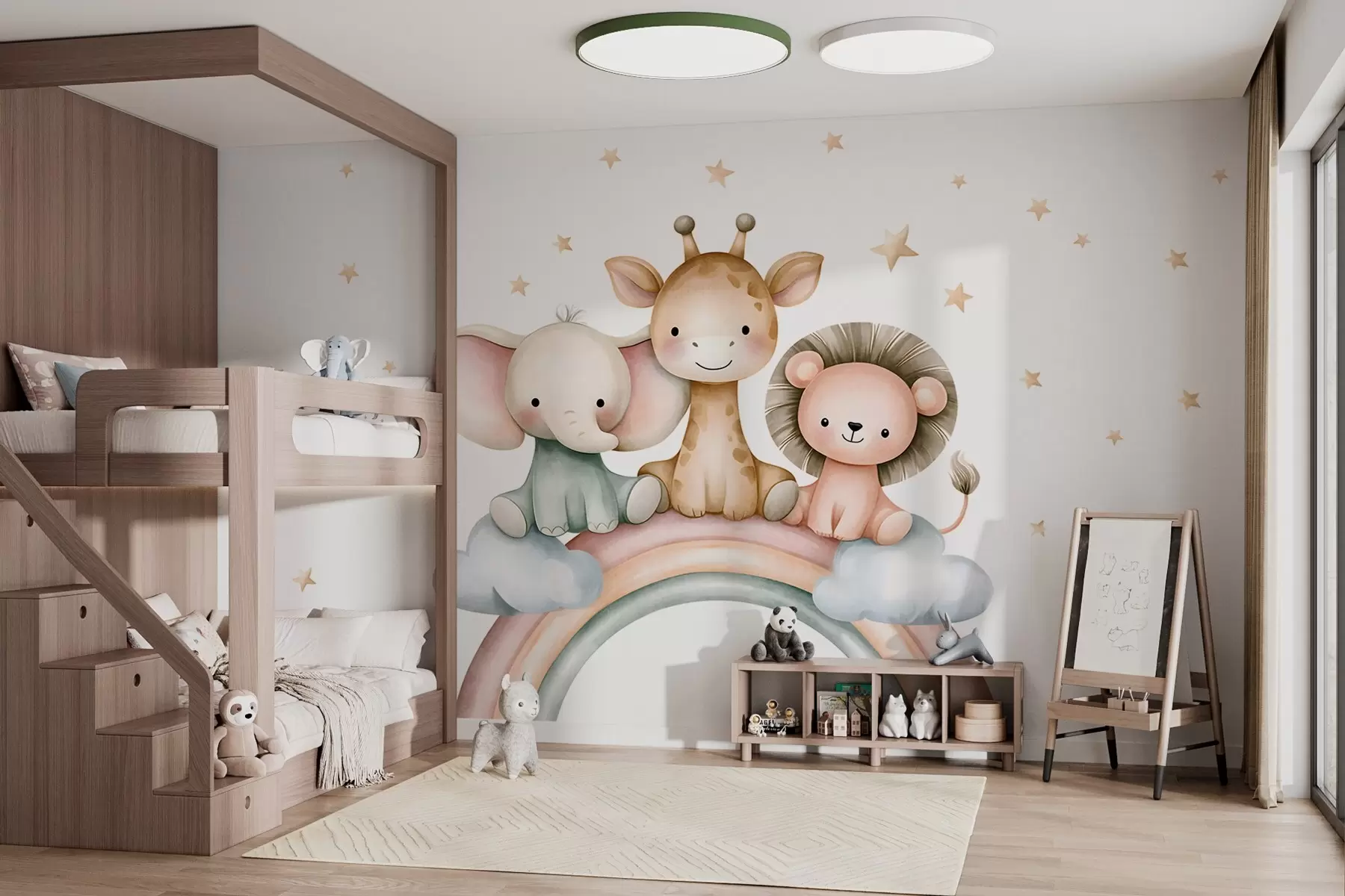 murais de parede um arco-íris com animais entre as estrelas, em estilo aquarela w05752