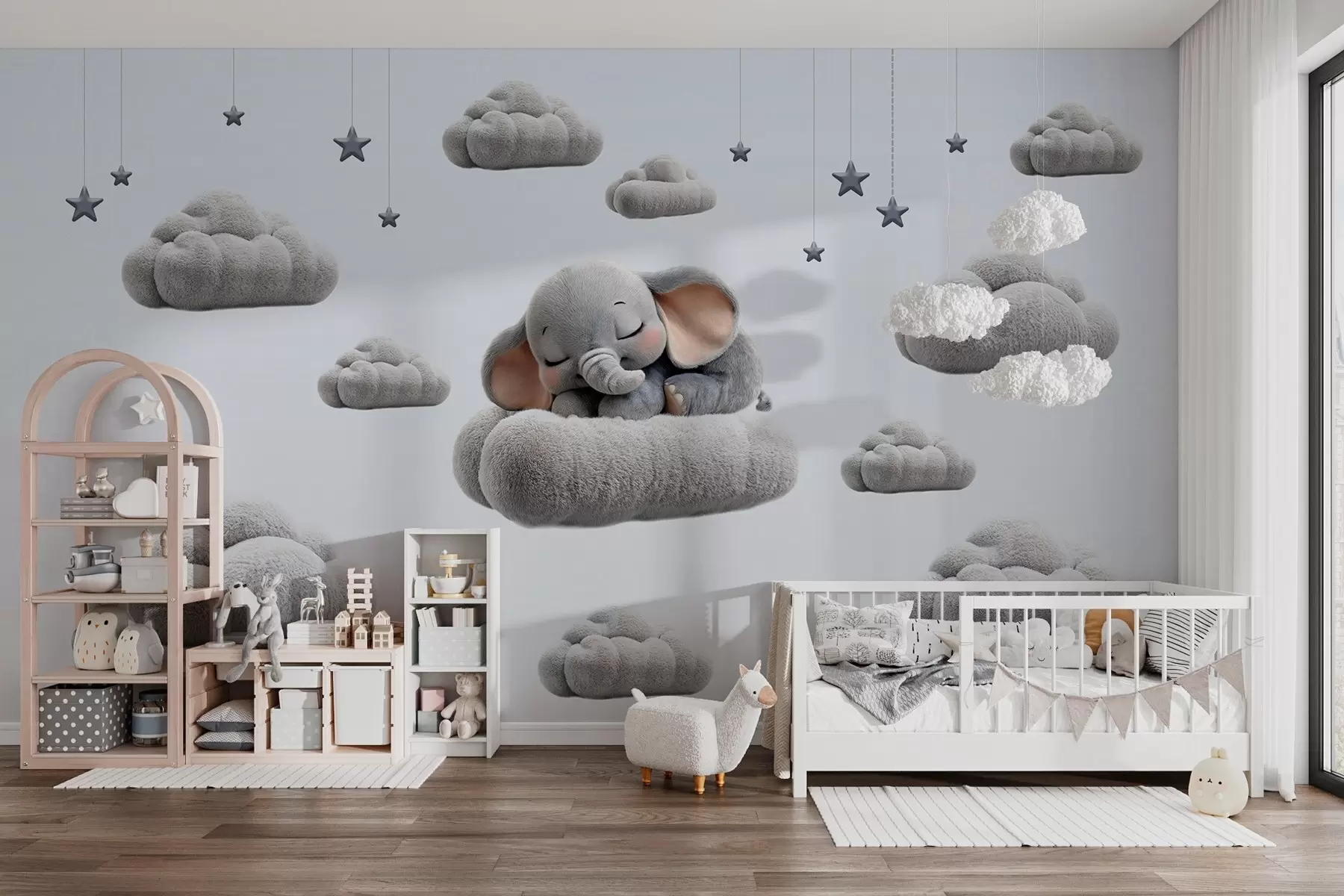 murais de parede um elefantinho fofo em estilo 3D, dormindo entre nuvens fofas w05754