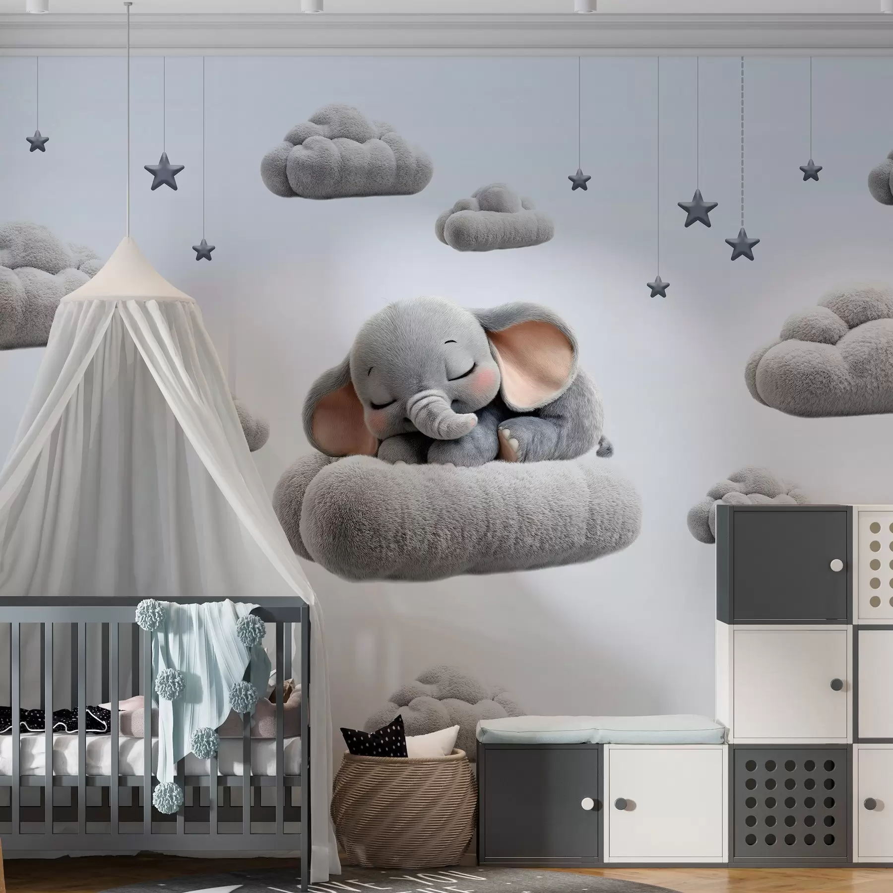 murais de parede um elefantinho fofo em estilo 3D, dormindo entre nuvens fofas w05754