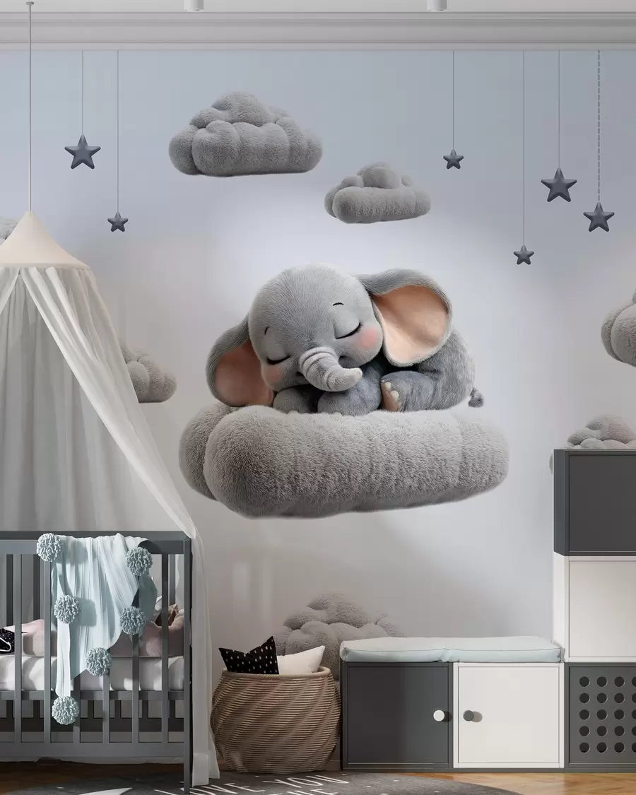 murais de parede um elefantinho fofo em estilo 3D, dormindo entre nuvens fofas w05754