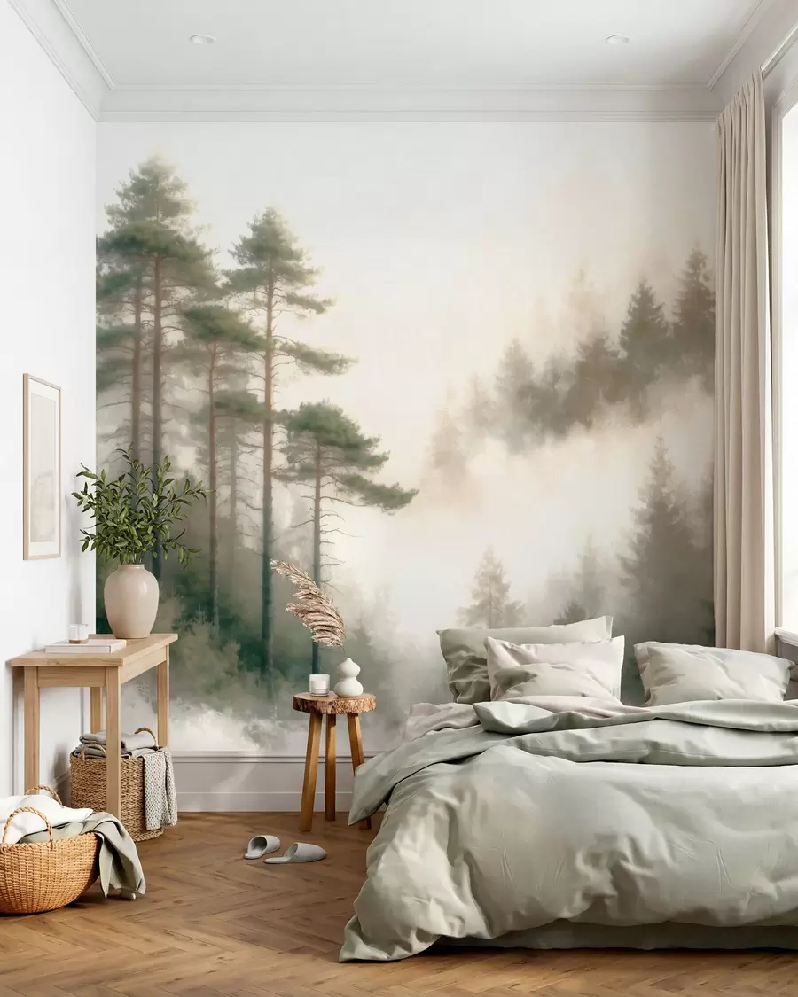 murais de parede Floresta de pinheiros pela manhã, em estilo aquarela w09916