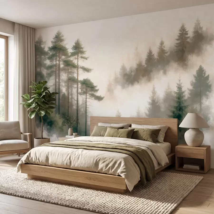 murais de parede Floresta de pinheiros pela manhã, em estilo aquarela w09916