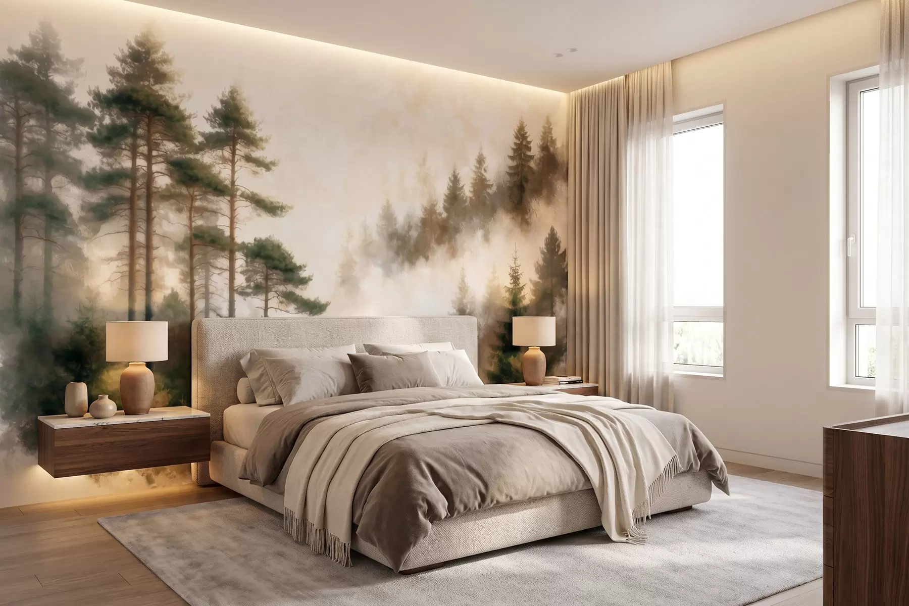 murais de parede Floresta de pinheiros pela manhã, em estilo aquarela w09916