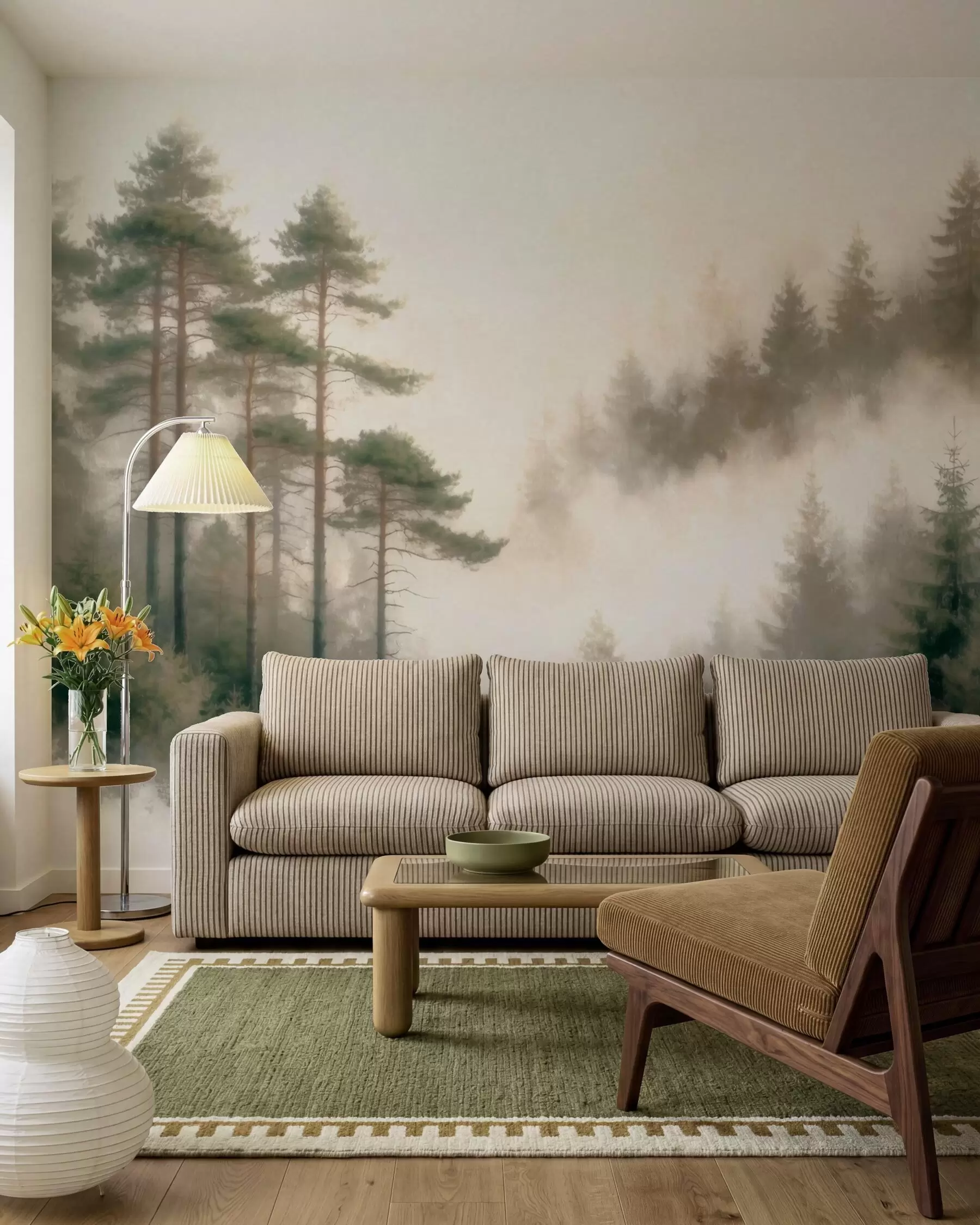 murais de parede Floresta de pinheiros pela manhã, em estilo aquarela w09916