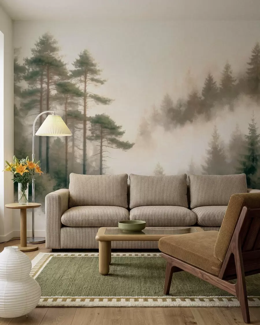 murais de parede Floresta de pinheiros pela manhã, em estilo aquarela w09916