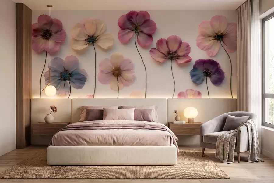 murais de parede Composição de herbário com efeito de flores prensadas e textura 3D w09911