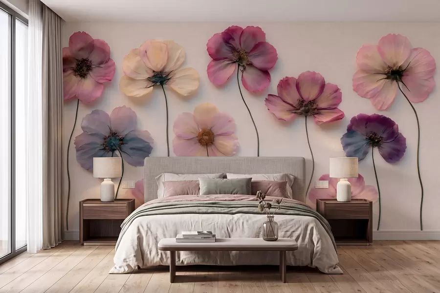 murais de parede Composição de herbário com efeito de flores prensadas e textura 3D w09911