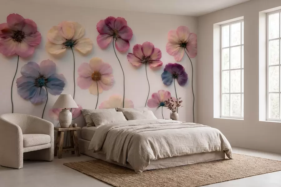murais de parede Composição de herbário com efeito de flores prensadas e textura 3D w09911