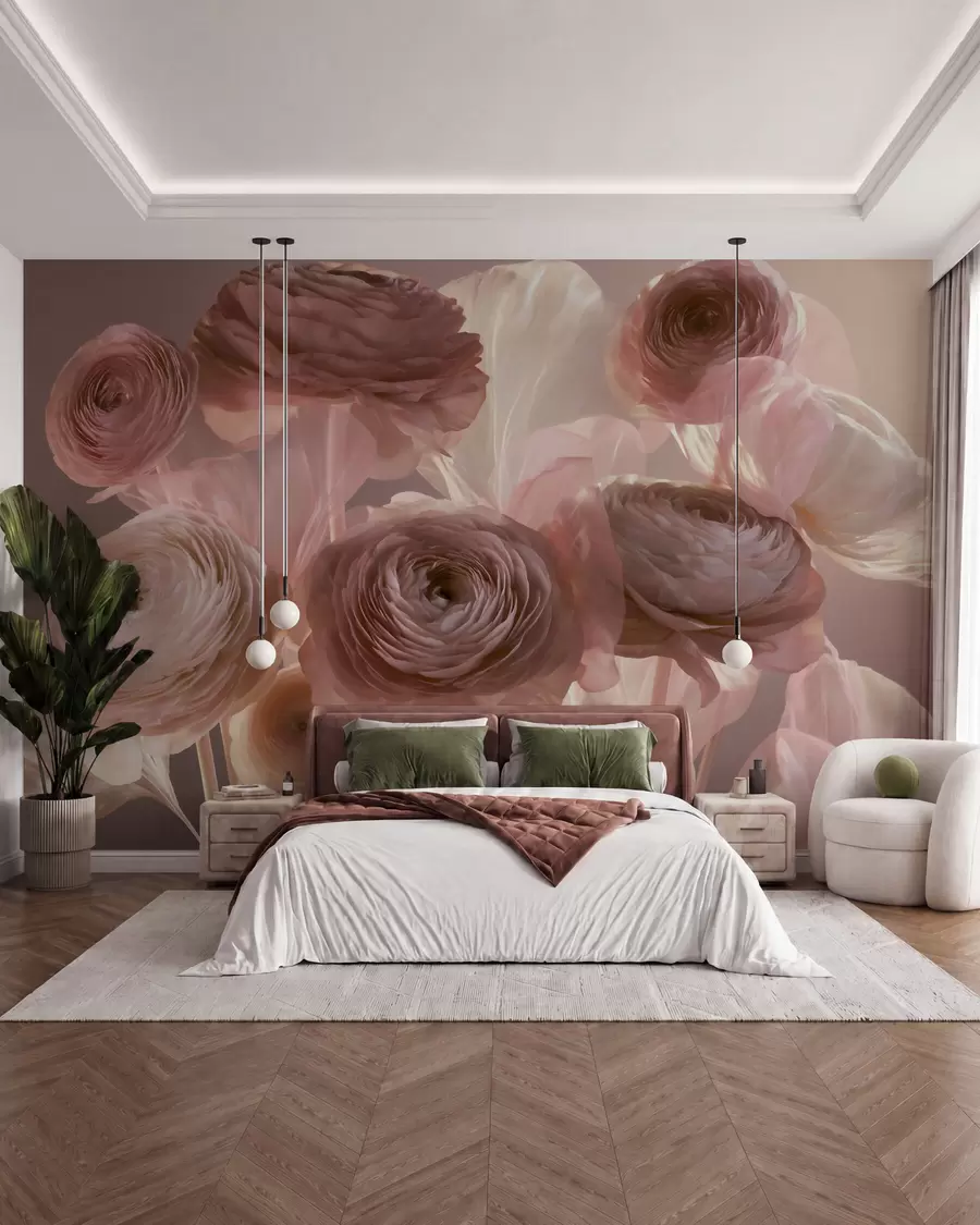 murais de parede Grandes flores artísticas de ranúnculo em tons suaves de rosa e creme w09921
