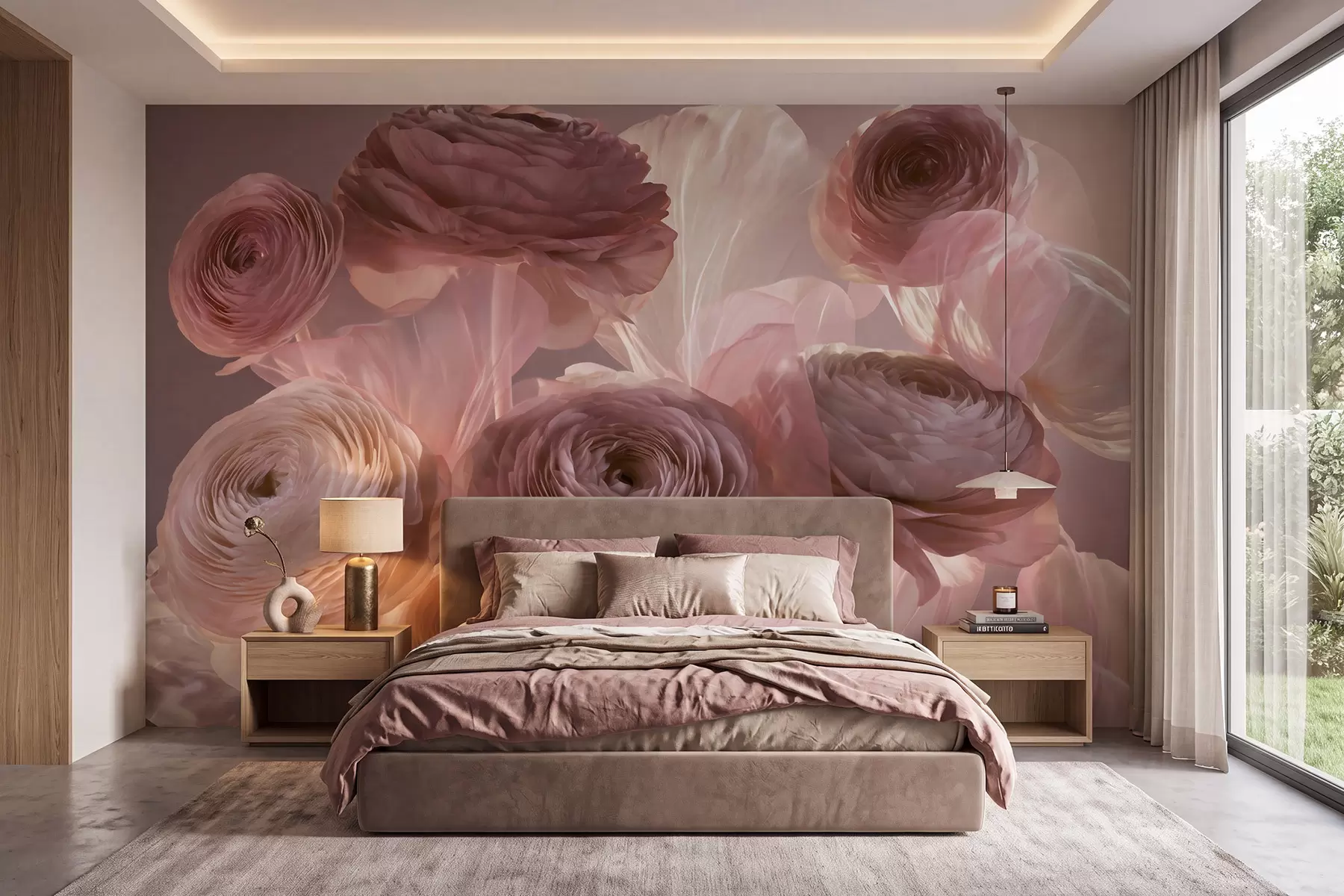 murais de parede Grandes flores artísticas de ranúnculo em tons suaves de rosa e creme w09921