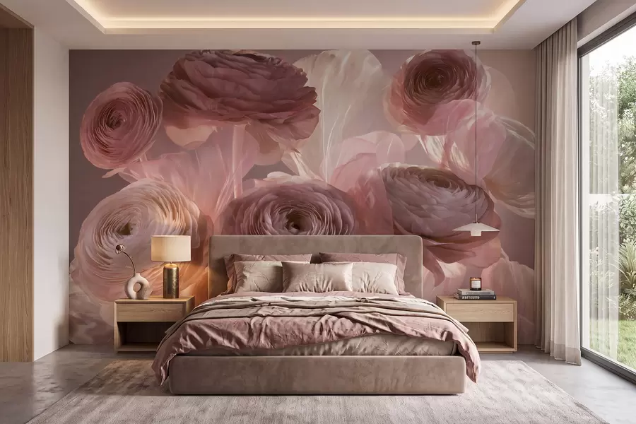 murais de parede Grandes flores artísticas de ranúnculo em tons suaves de rosa e creme w09921
