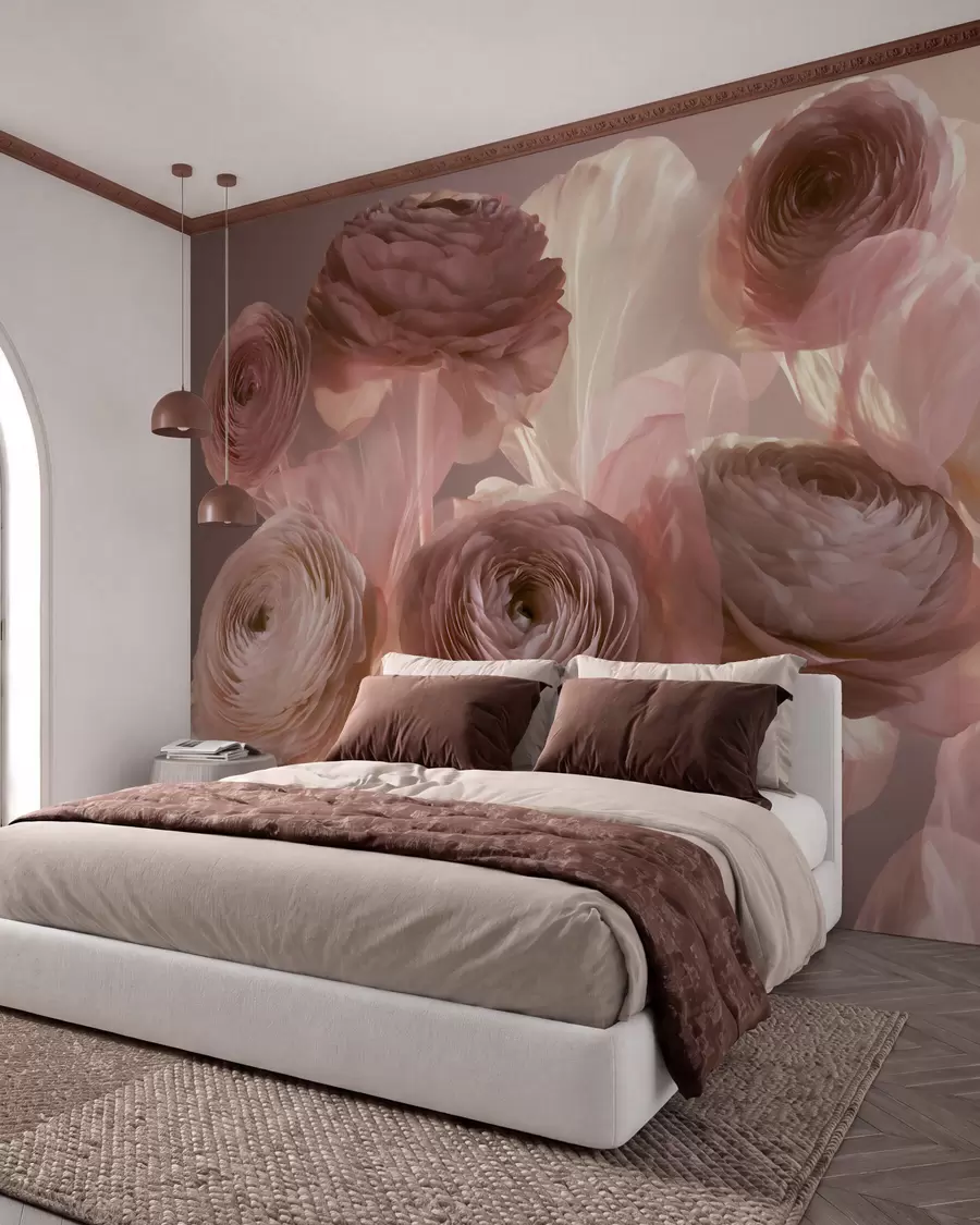 murais de parede Grandes flores artísticas de ranúnculo em tons suaves de rosa e creme w09921