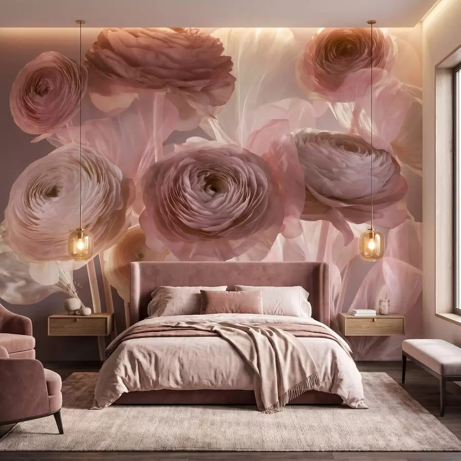 murais de parede Grandes flores artísticas de ranúnculo em tons suaves de rosa e creme w09921
