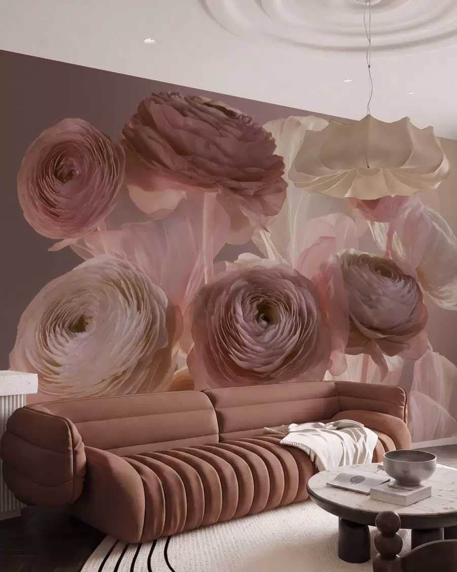 murais de parede Grandes flores artísticas de ranúnculo em tons suaves de rosa e creme w09921