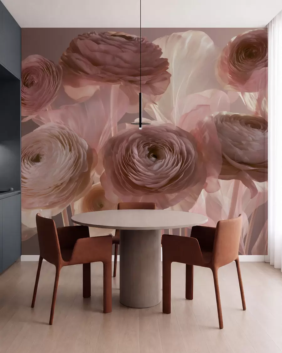 murais de parede Grandes flores artísticas de ranúnculo em tons suaves de rosa e creme w09921